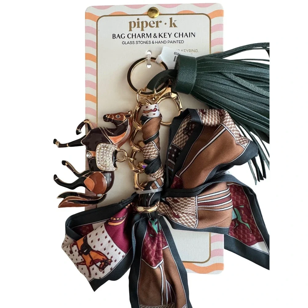 Horse Print Scarf Bag Charm Key Chain Gold Tone Hardware Glass  Stones NwT